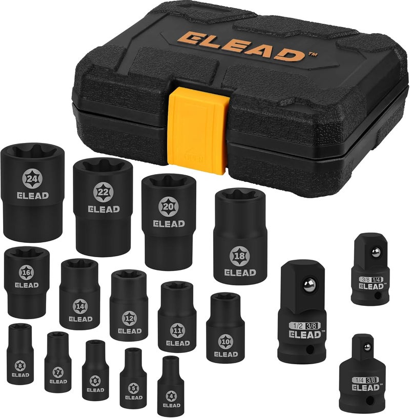 ELEAD 17-Piece Inverted E-Torx Socket Set - Premium Impact Cr-V Steel E4 - E24 Star Female Sockets for Impact Wrench 1/2 3/8 1/4 Drive Precision Torque Kit with Storage Case - Image 1